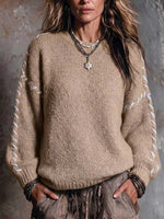 Women's Round Neck Long-sleeved Casual Loose Handmade Color-blocked Pullover Knit Sweater