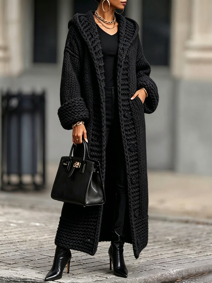 Casual, Relaxed-fit, Long, Chunky-knit Hooded Cardigan