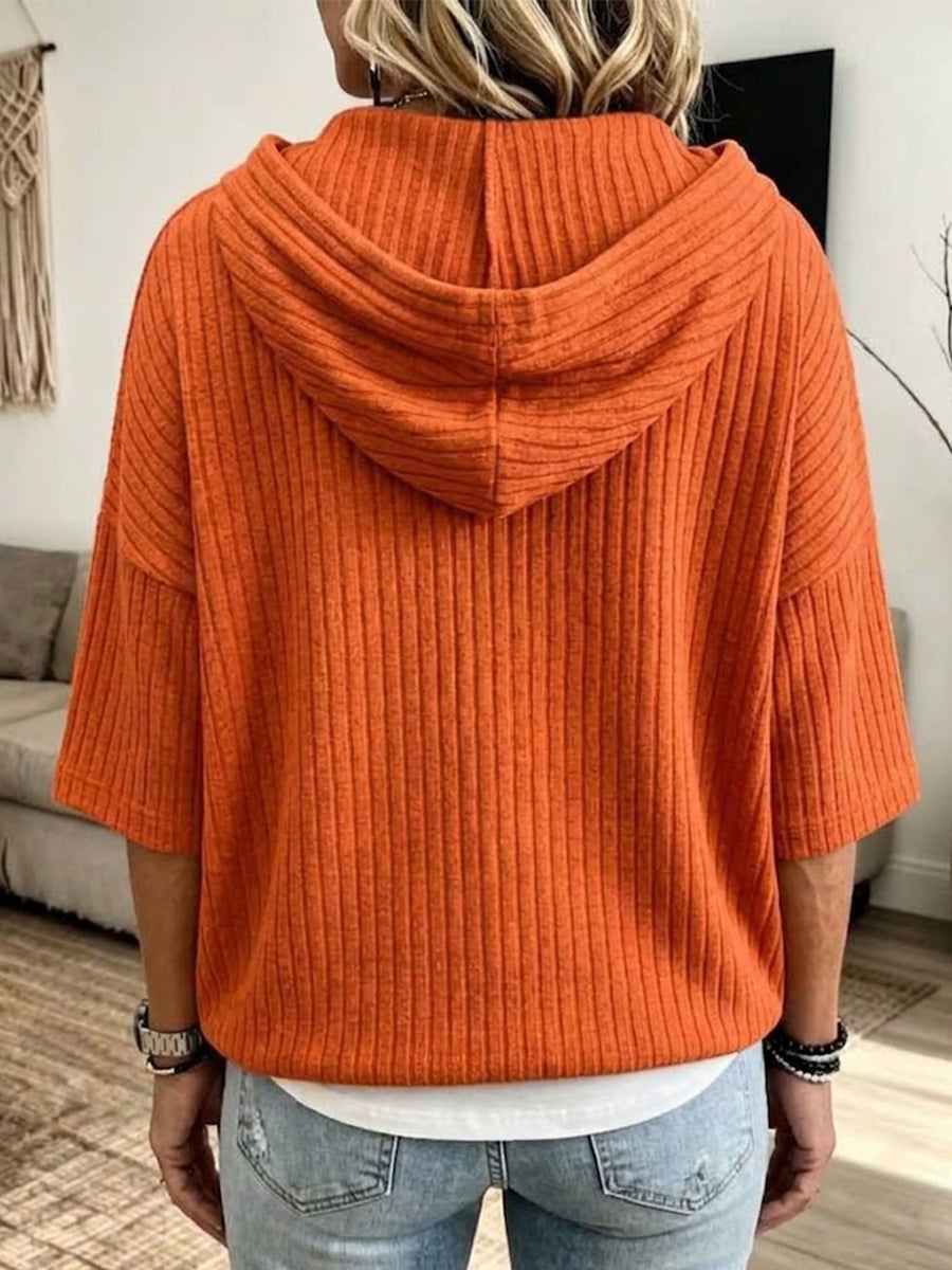Ribbed Half-zip Hooded 3/4 Sleeve Knit Top