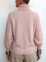 Casual Solid-color Cable-knit Turtleneck Pullover Sweater With Lantern Sleeves