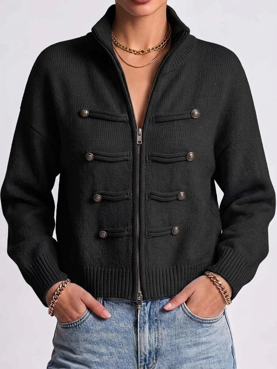Women's Solid Color Stand Collar Long Sleeve Casual Loose Knit Cardigan
