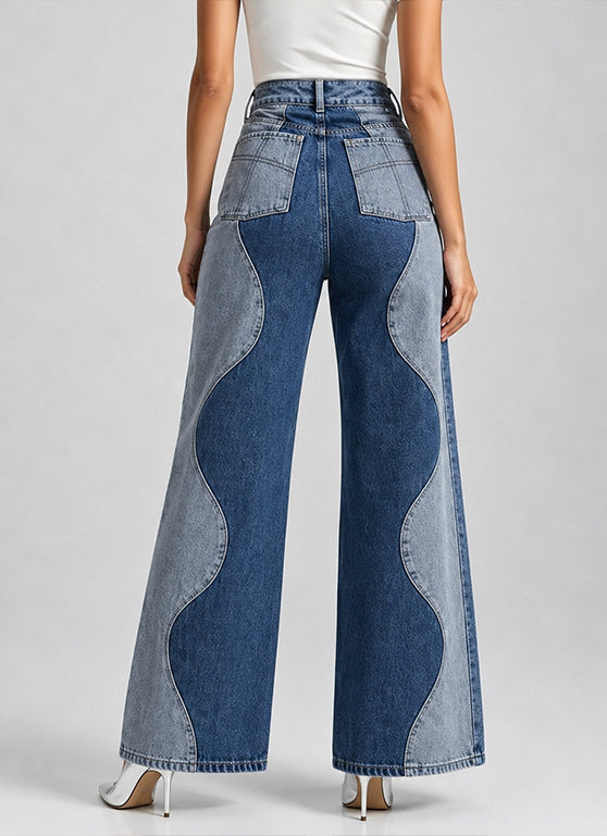 Stylish Casual Color-block Denim Jeans With Wavy Patterns