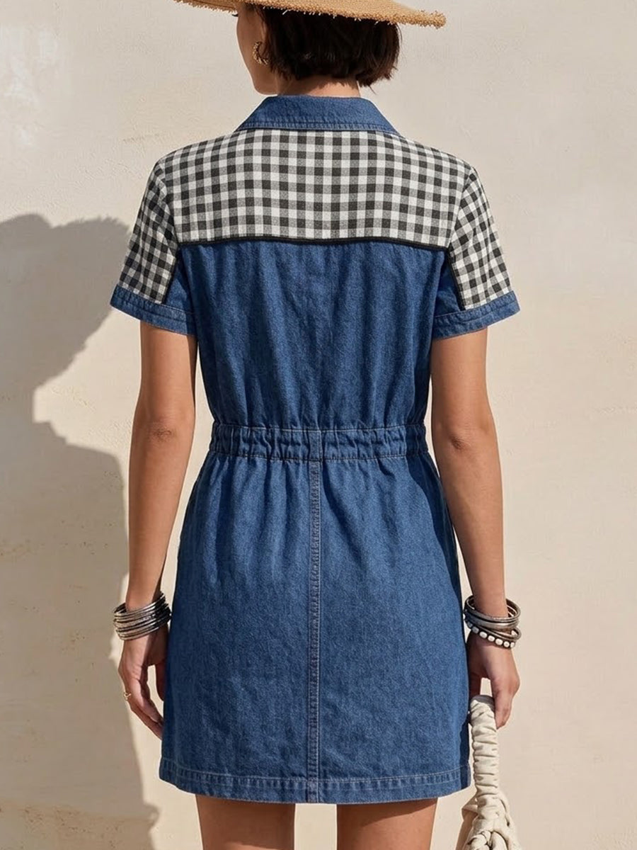 Plaid‑spliced Collared Drawstring‑waist Short‑sleeve Denim Dress