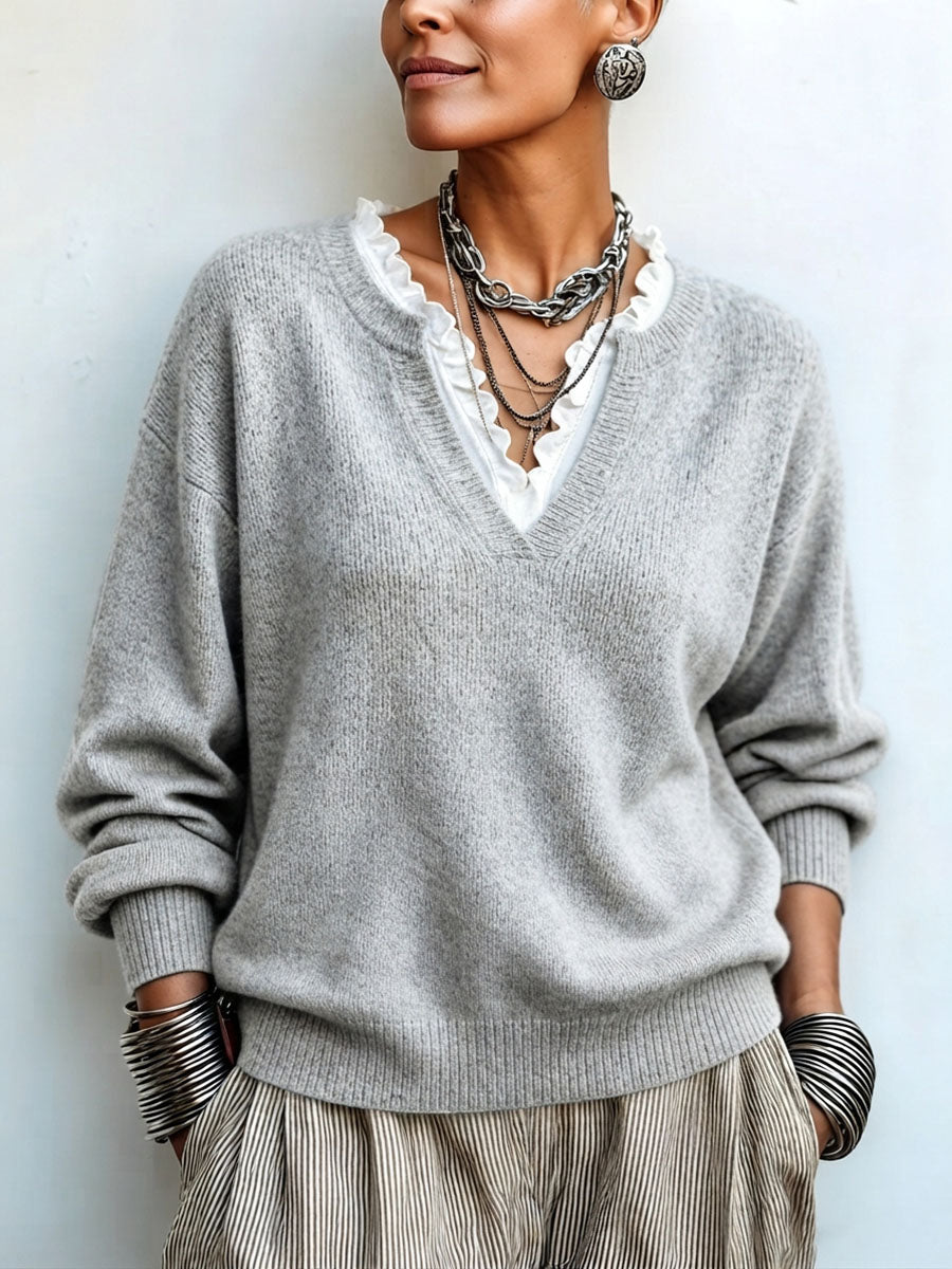Chic Elegant False Two-piece Lace-trim Sweater F