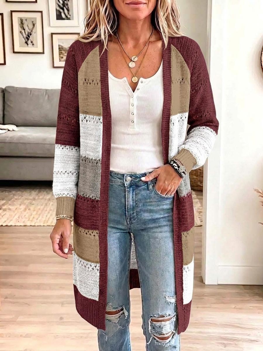 Women's Striped Color-blocked V-neck Long-sleeved Casual Loose Knitted Long Coat