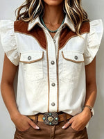Chic Ruffle-sleeve Button-up Corduroy Patchwork Shirt