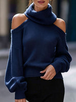 Women's Solid Color Stand Collar Off-shoulder Long Sleeve Casual Loose Knit Sweater