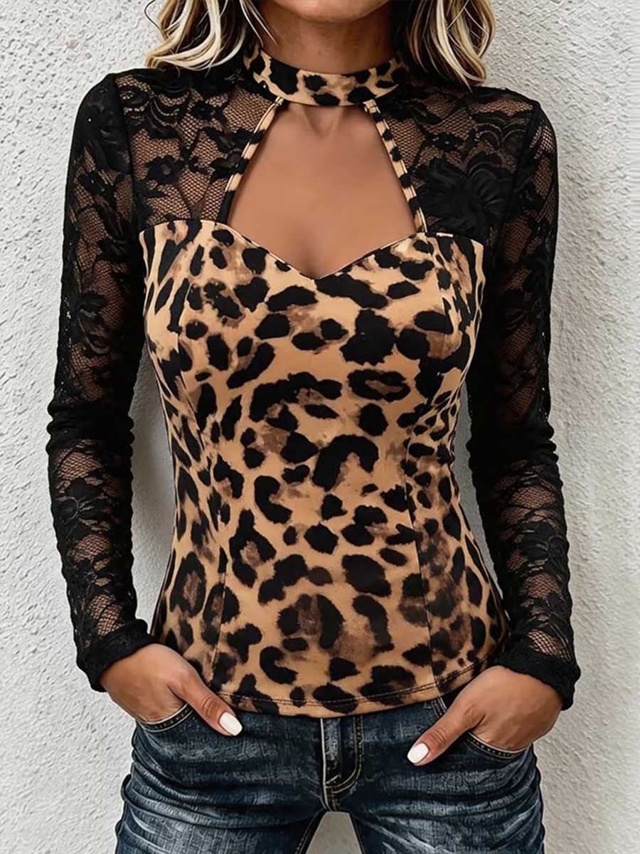 Women's Stand-collar Long-sleeve Slim-fit Leopard Print & Lace Panel Casual Top