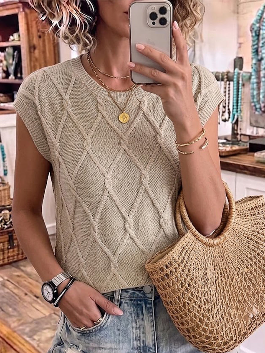 Solid-color Cable-knit Top With Batwing Sleeves And A Relaxed, Loose Fit