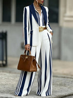 Chic Navy and White Striped Wide-Leg Trousers