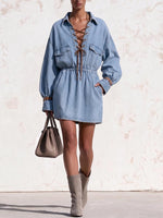 Women's Casual Loose-fit Denim Dress With Collar, Long Sleeves, Cut-outs, And Tie-front Detail