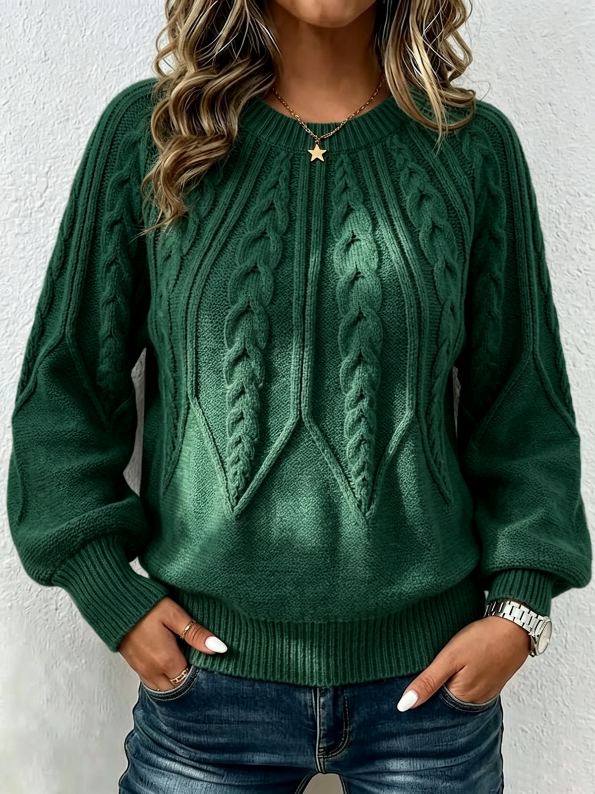Vertical Cable Knit Raglan Balloon‑sleeve Crew Neck Sweater