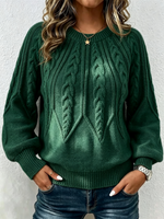 Vertical Cable Knit Raglan Balloon‑sleeve Crew Neck Sweater