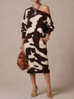 Women's Abstract Print Off-shoulder Neck Long Sleeve Casual Loose Knit Dress