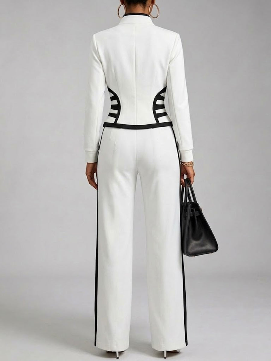Cozy And Casual Two-piece Set Featuring A Slim-fit, Stretchy Zip-up Sweatshirt And Pants With Black Webbing Trim.