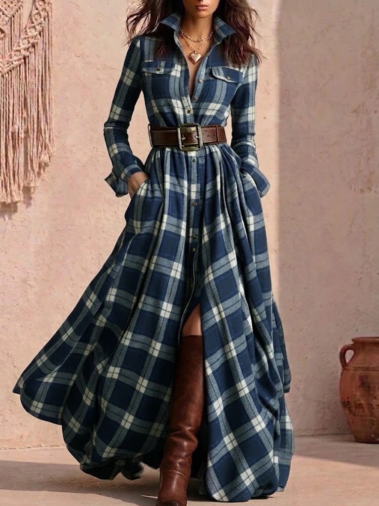 Retro Plaid Asymmetrical Slim-fit Dress