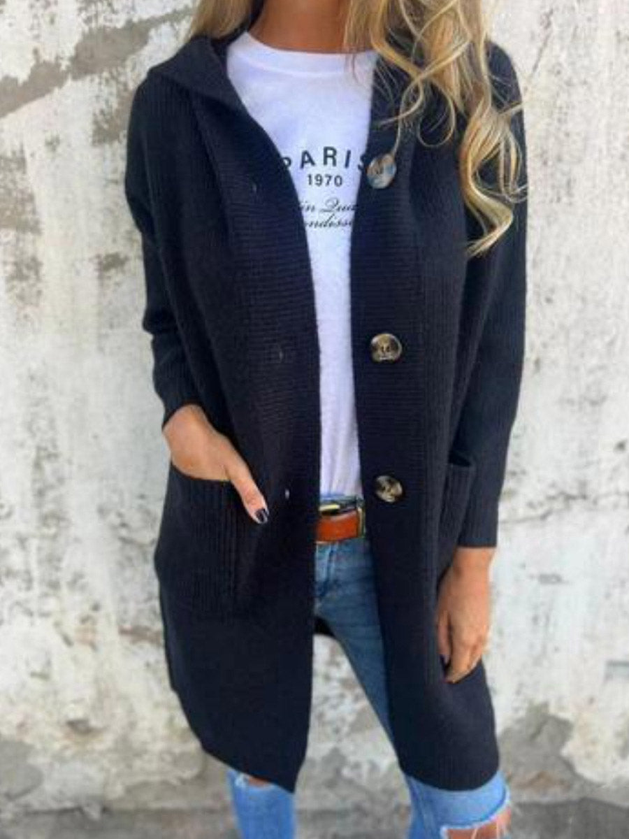Women's Solid Color Collared Long Sleeve Casual Loose Hooded Knit Cardigan