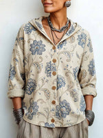 Women's Retro Print Casual Loose Long Sleeve Hooded Cardigan