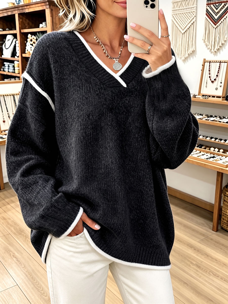 Chic Casual White Piping Trim Oversized V-neck Sweater