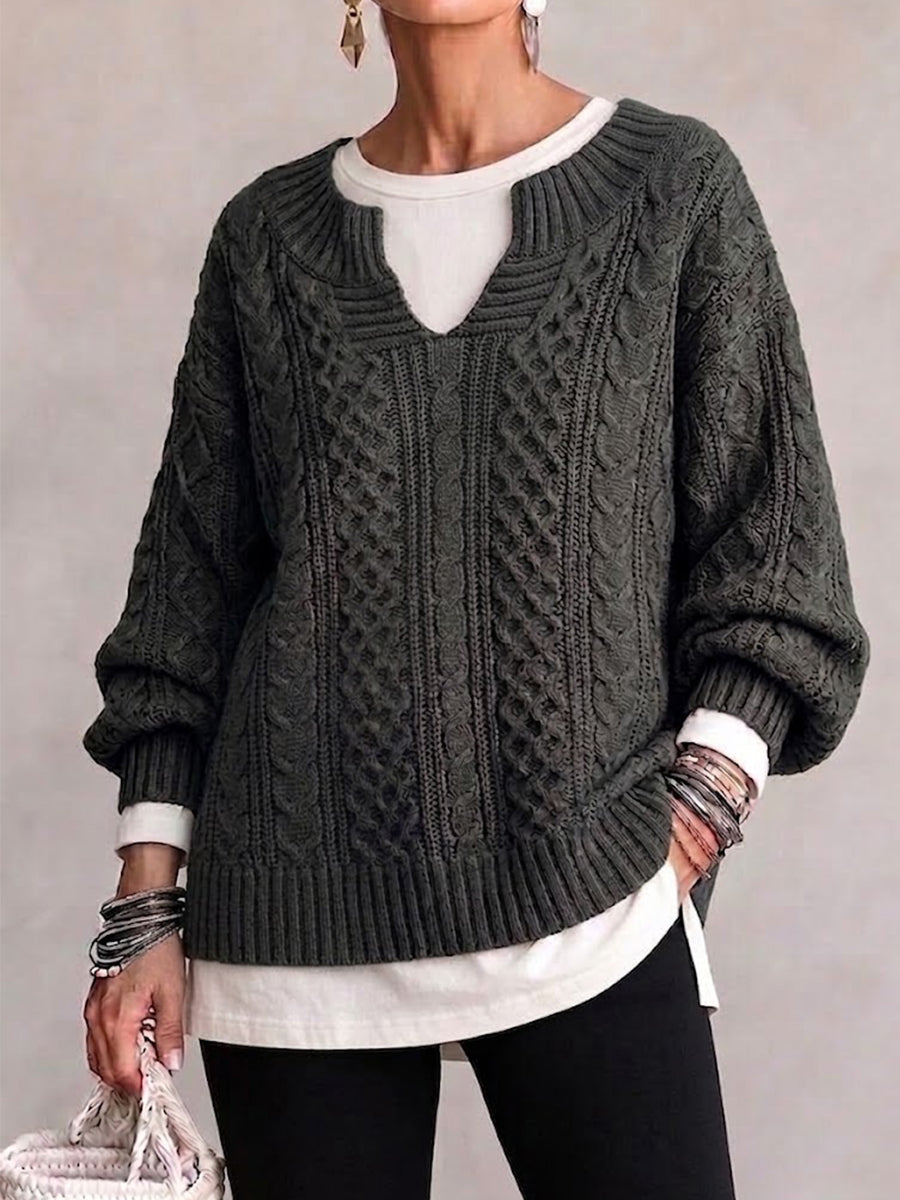 Vintage-style Cable-knit Sweater With A Small Notched V-neck