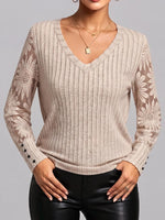 Women's V-neck Lace-trimmed Long-sleeved Casual Loose Pullover Knit Top
