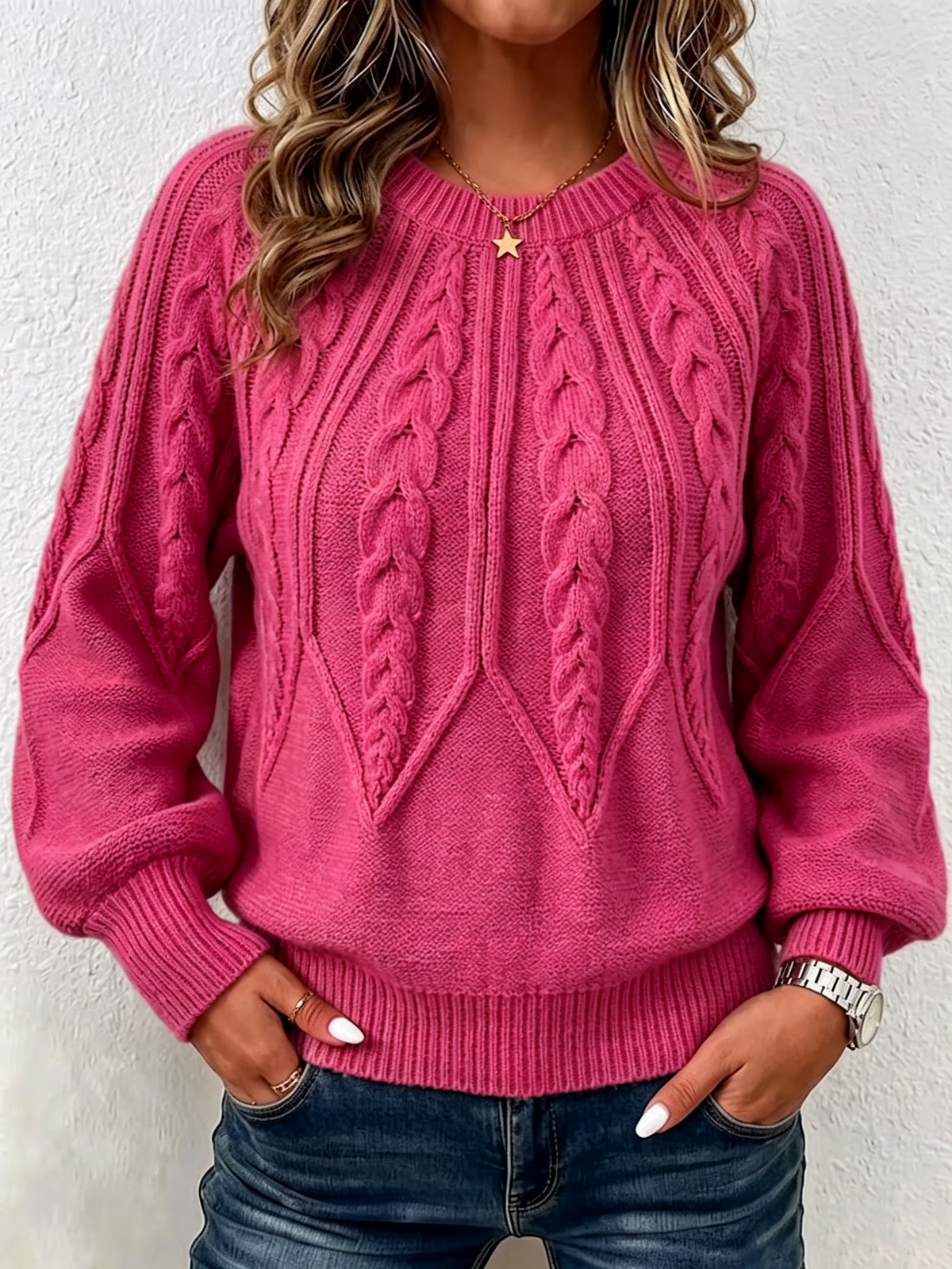 Vertical Cable Knit Raglan Balloon‑sleeve Crew Neck Sweater
