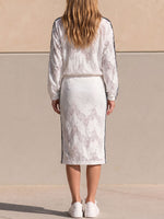 Women's Stand Collar Long Sleeve Casual Loose Color-blocked Lace Cardigan High Waist Casual Loose Straight Skirt Set