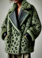 Chic Green Leopard-print Faux Fur Coat