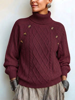 Casual Solid-color Cable-knit Turtleneck Pullover Sweater With Lantern Sleeves
