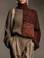 Chic Brown Color-Block Turtleneck Knit Sweater
