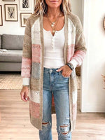 Women's Striped Color-blocked V-neck Long-sleeved Casual Loose Knitted Long Coat