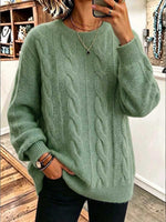 Women's Solid Color Round Neck Long Sleeve 3d Cable Knit Casual Loose Pullover Knit Sweater