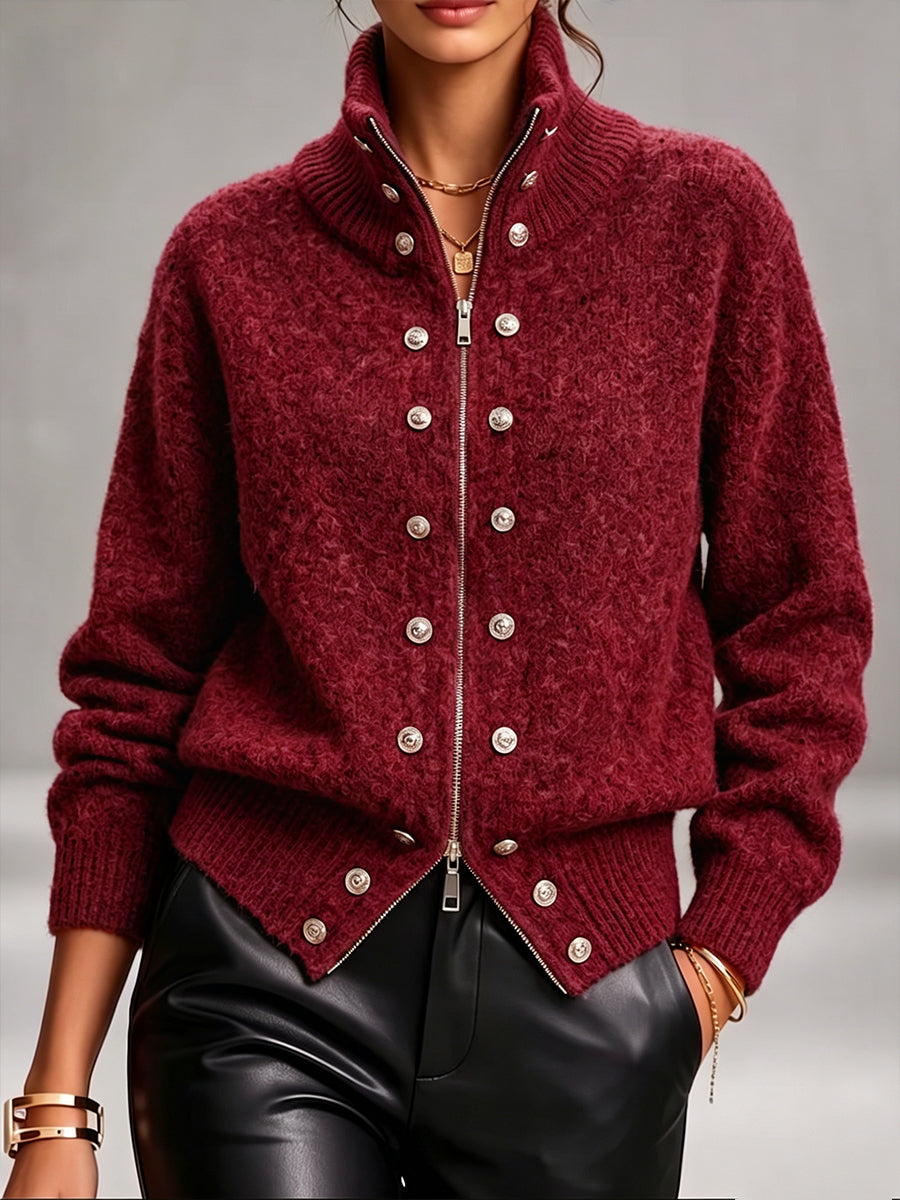 Cozy And Chic Wool-blend High-neck Zip-up Knit Cardigan With Dual-closure Detail.