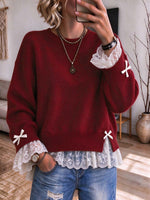 Women's Burgundy Layered Lace Trim Sweater With Bow Accents