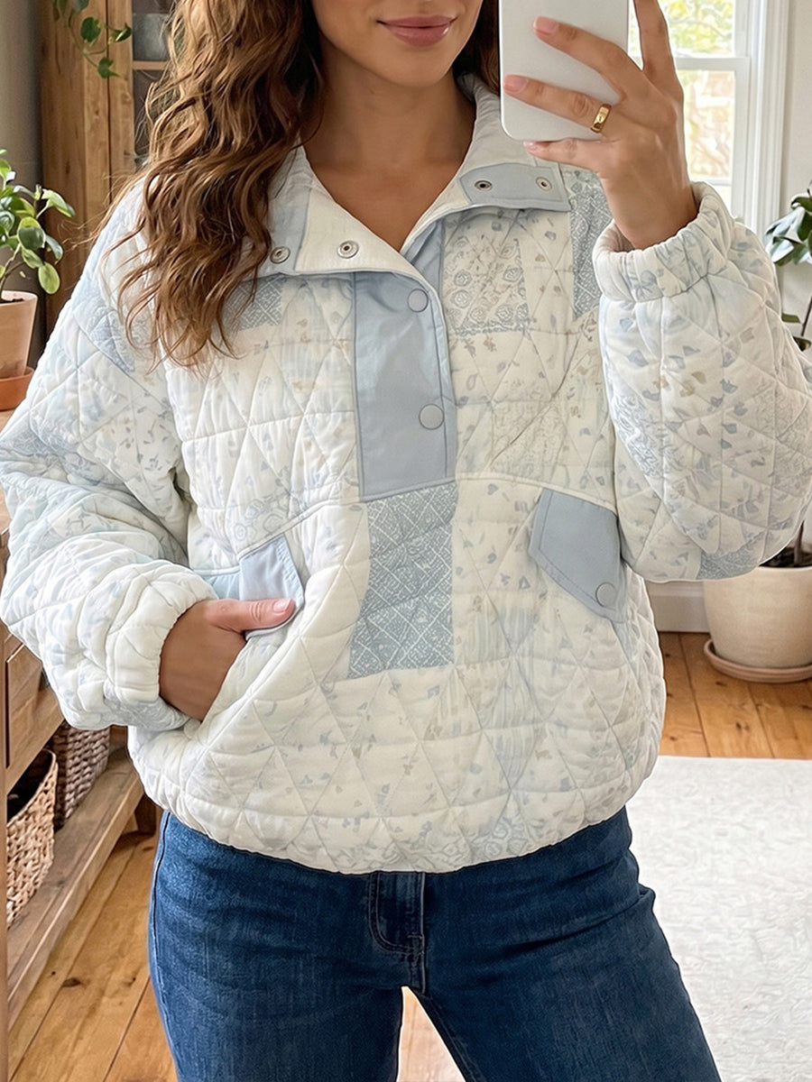 Chic Blue Patchwork Quilted Snap-Up Sweatshirt