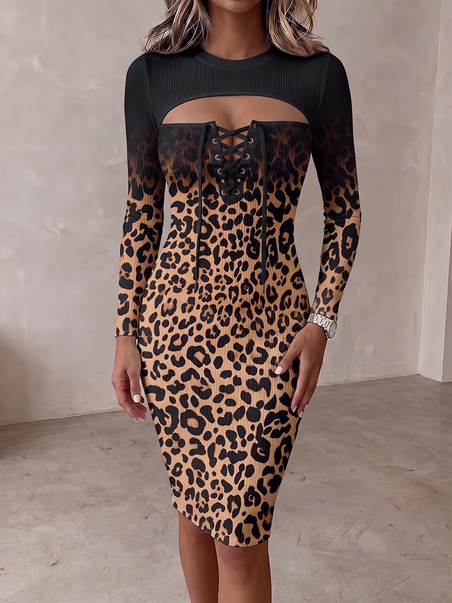 Women's Gradient Leopard Print Knit Bodycon Dress With Crew Neck, Cut-out Detail, Lace-up Front, And Long Sleeves