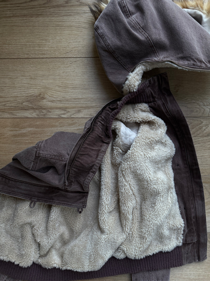 Casual Faux Fur-trimmed Hooded Bomber Jacket With Faux Shearling Lining