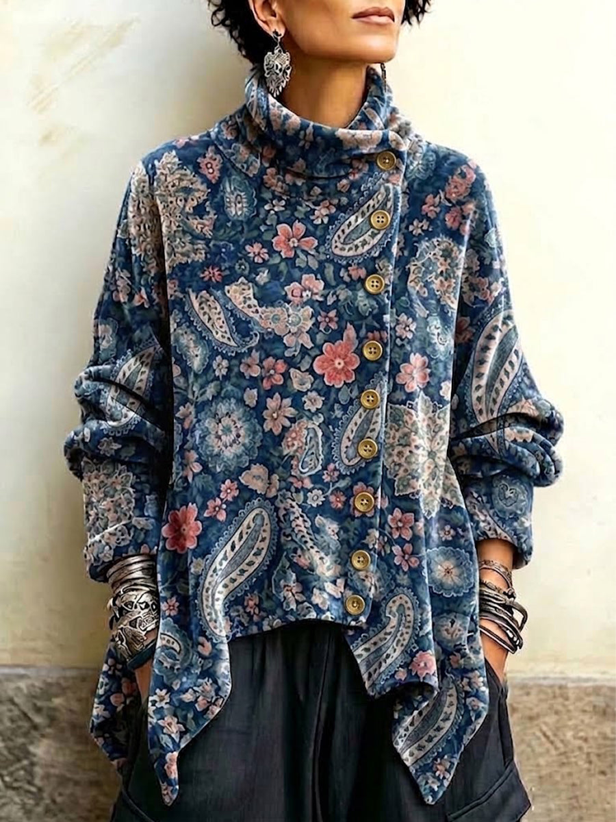 Velvet High-neck Top Featuring A Vintage Floral Paisley Print And An Asymmetrical Button-front Design
