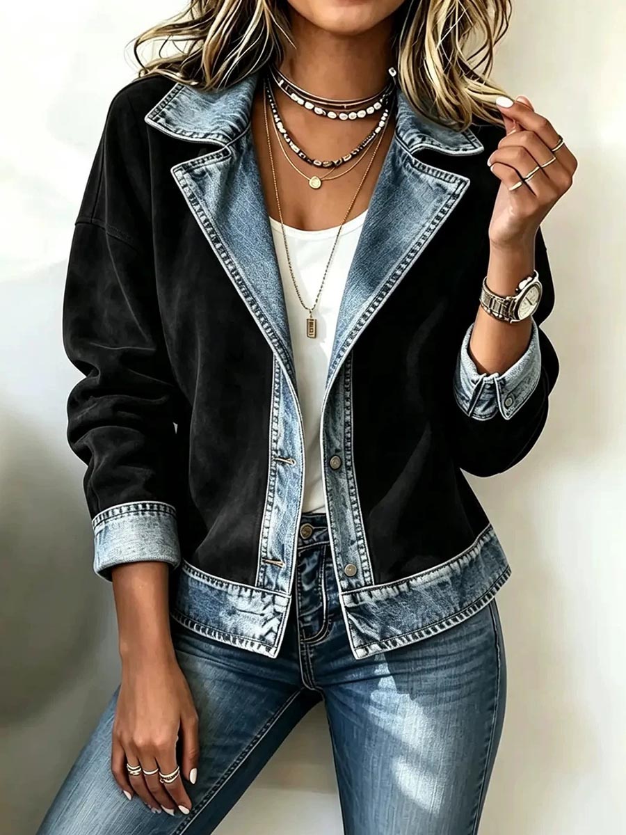 Women's Denim Collared Long-sleeved Casual Loose-fitting Cardigan With Faux Suede Patchwork.