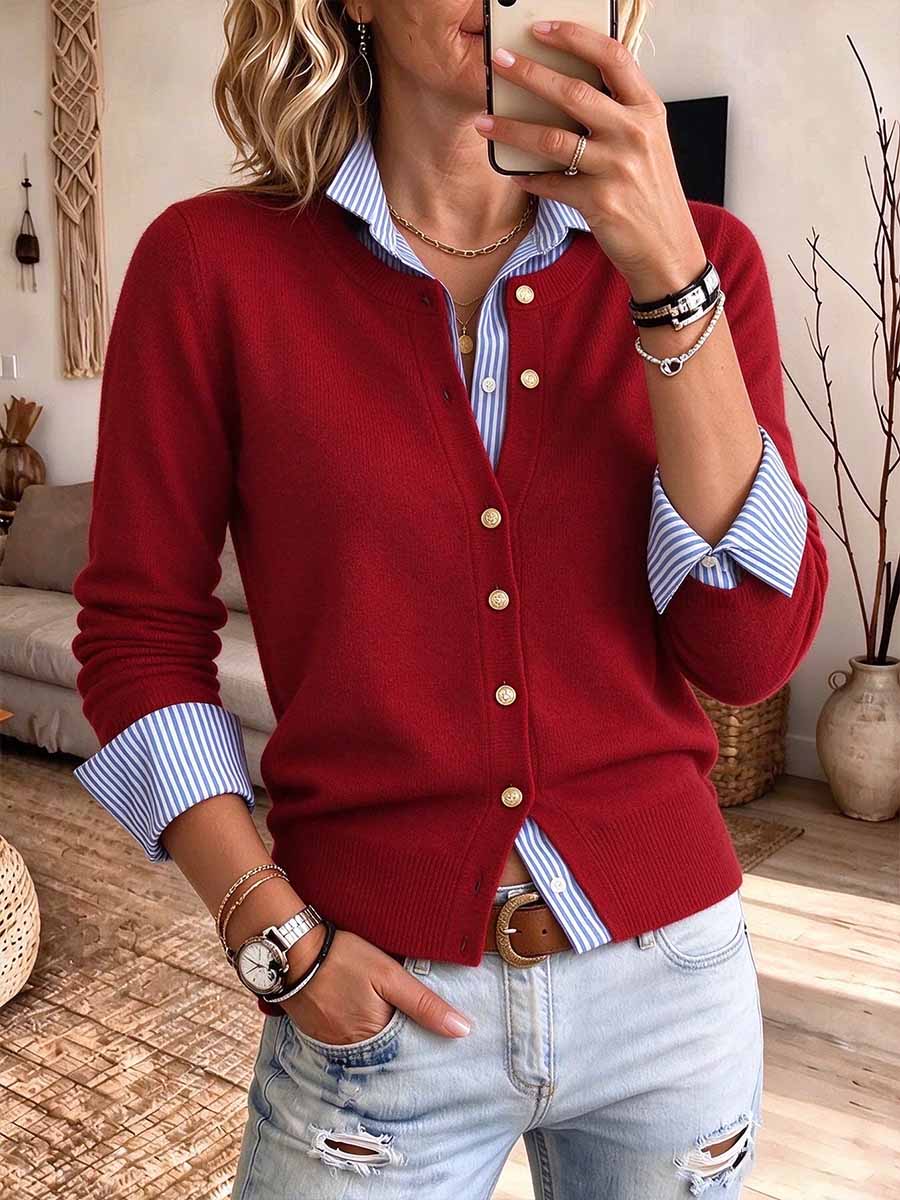 Women's Faux Two-piece Red Knit Cardigan With Striped Shirt Collar