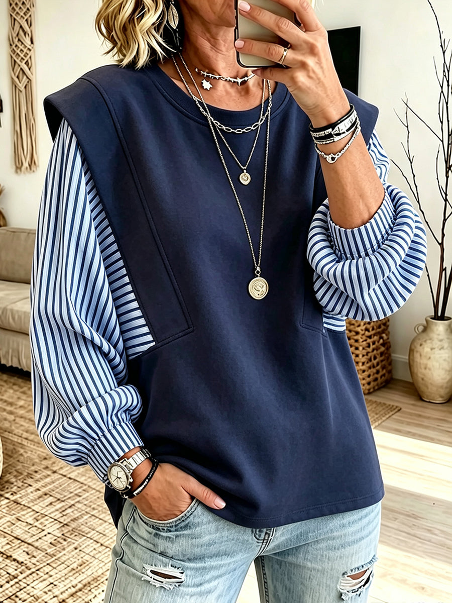 Casual Cotton Knit Sweatshirt With Striped Sleeve Panels