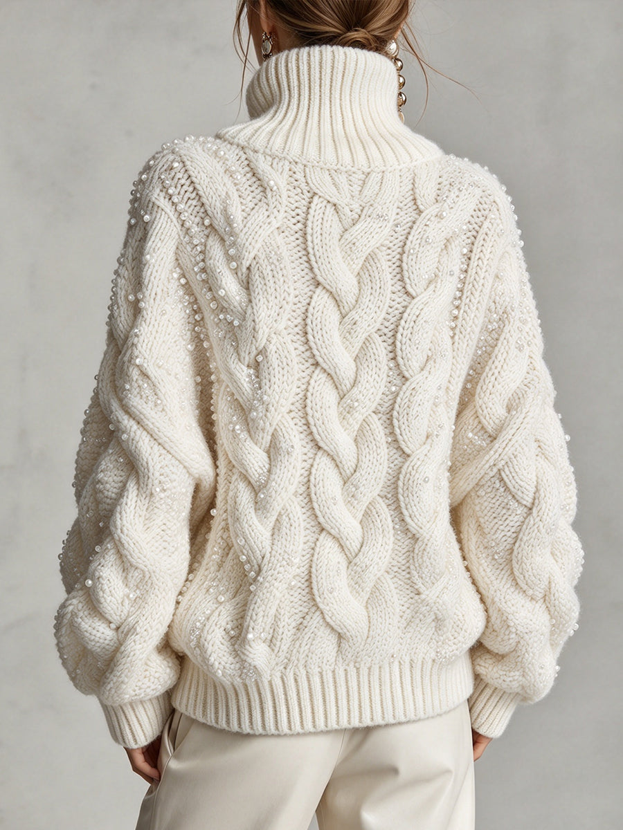 Cozy And Warm Sequined Cable-knit Turtleneck Sweater