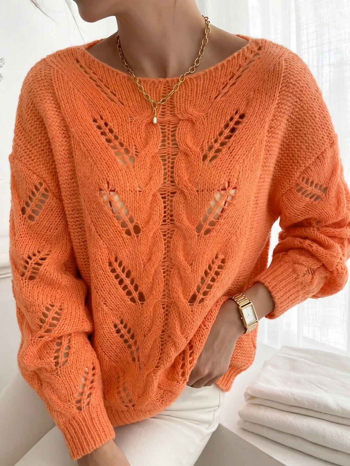 Vibrant Orange Open-Knit Textured Sweater