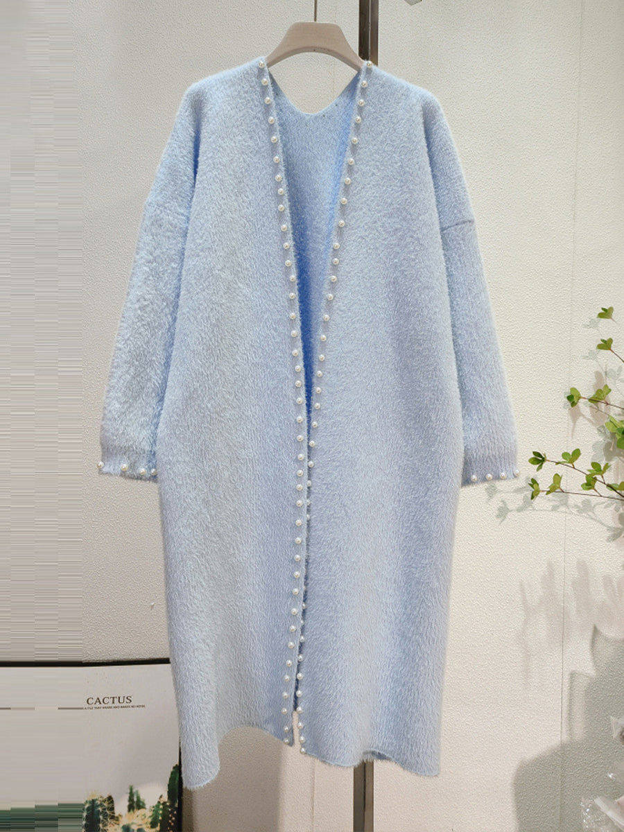 Casual Oversized Long Plush Knit Cardigan With Pearl Embellishments