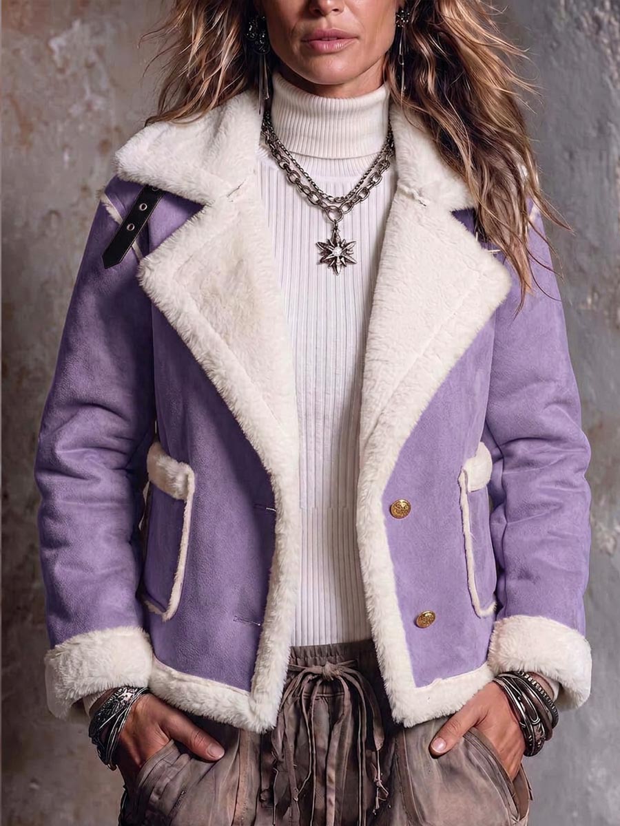 Women's Long-sleeved Casual Loose-fitting Faux Suede Jacket With Lapel