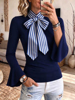 Women's Elegant Navy Blue Blouse With Striped Bow Tie And Bell Sleeves
