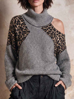 Women's Stand Collar Leopard Print Patchwork Long Sleeve Casual Loose Knit Top