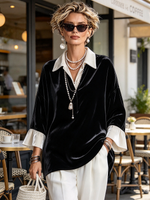 Chic Contrast Collar And Cuffs Velvet Blouse