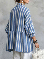 Women's Striped Peplum Knit Tunic Top with Ruffle Collar