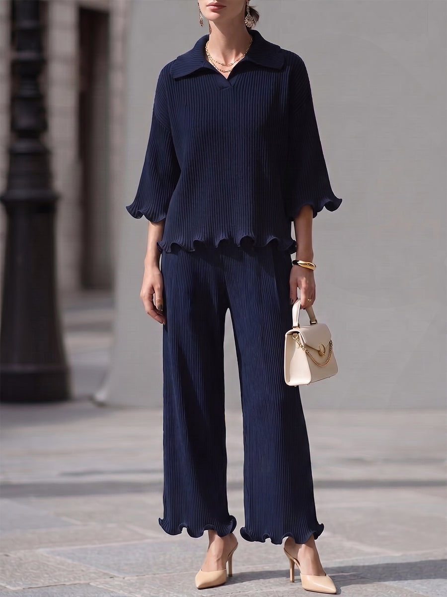 Chic Navy Blue Pleated Ruffle-Trim Two-Piece Set